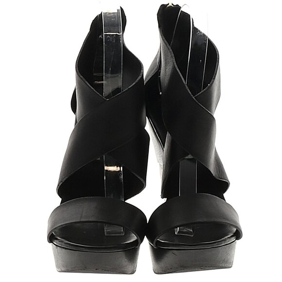 👡 Diane von Furstenberg Black Leather Wood Wedge Sandals – Wide Strap Platform - Picture 2 of 7